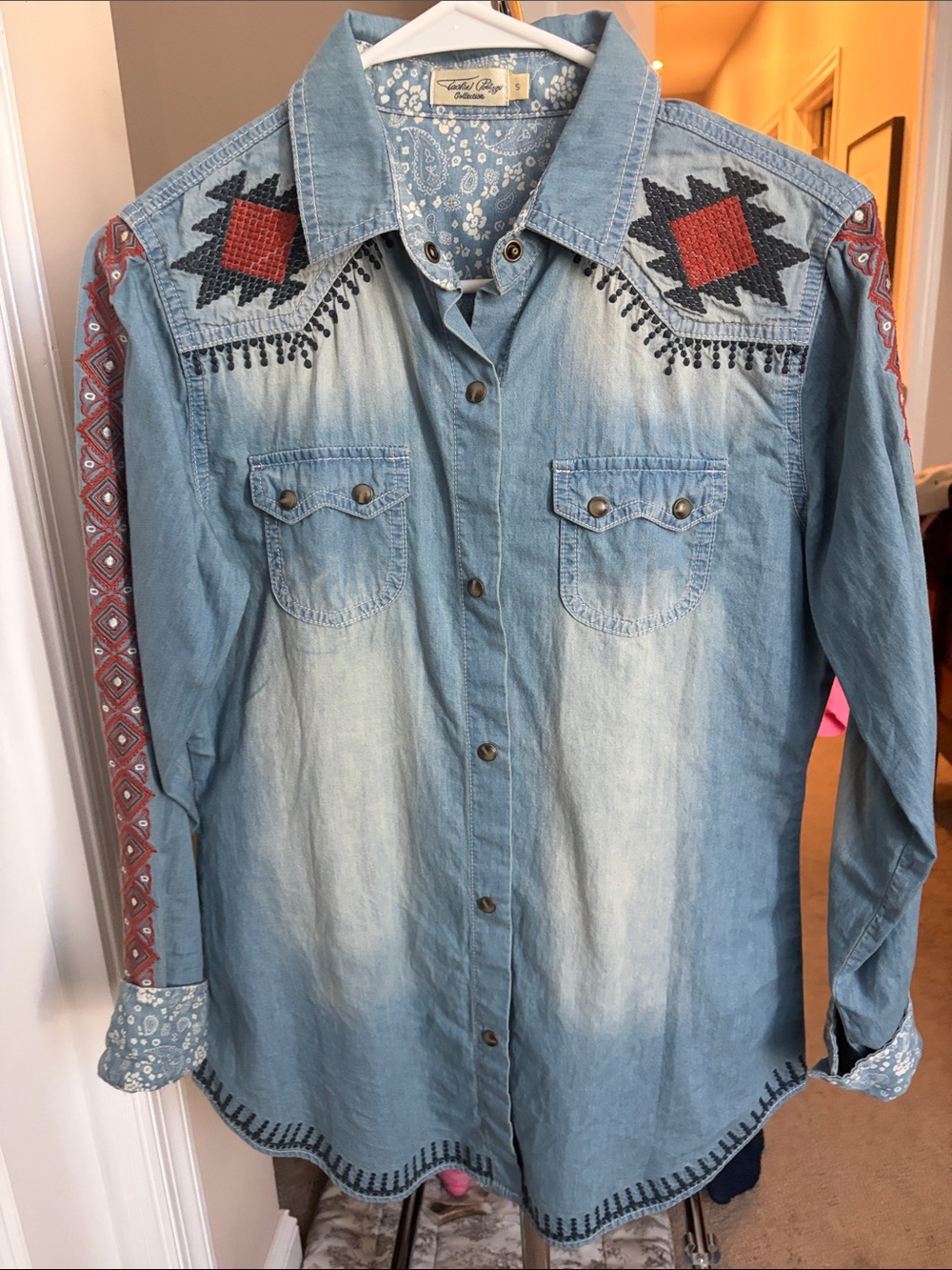 Light Blue Denim Western Shirt with Red & Black Embroidery